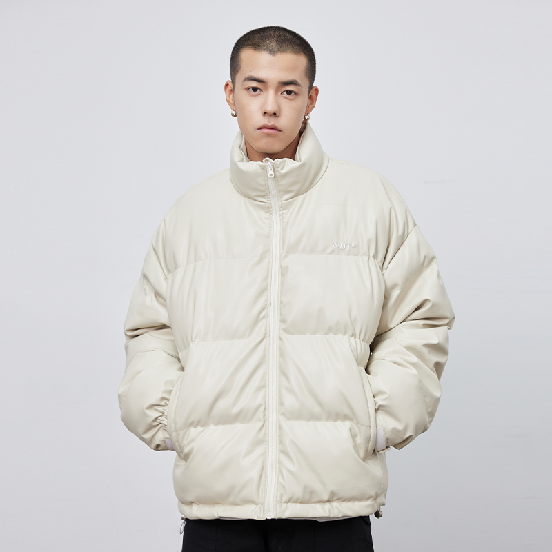 (WUT no sugar brand) original light card its beige pu jacket leather coat high street male and female tide sign thickened cotton clothing