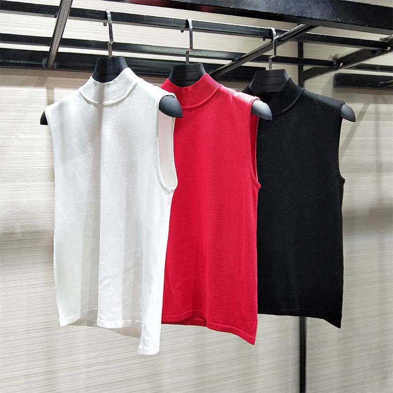 Áo thun nữ cổ trụ nửa cao không tay chất liệu lụa đá dệt kim mặc trong — Xanh bơ chi tiết 5