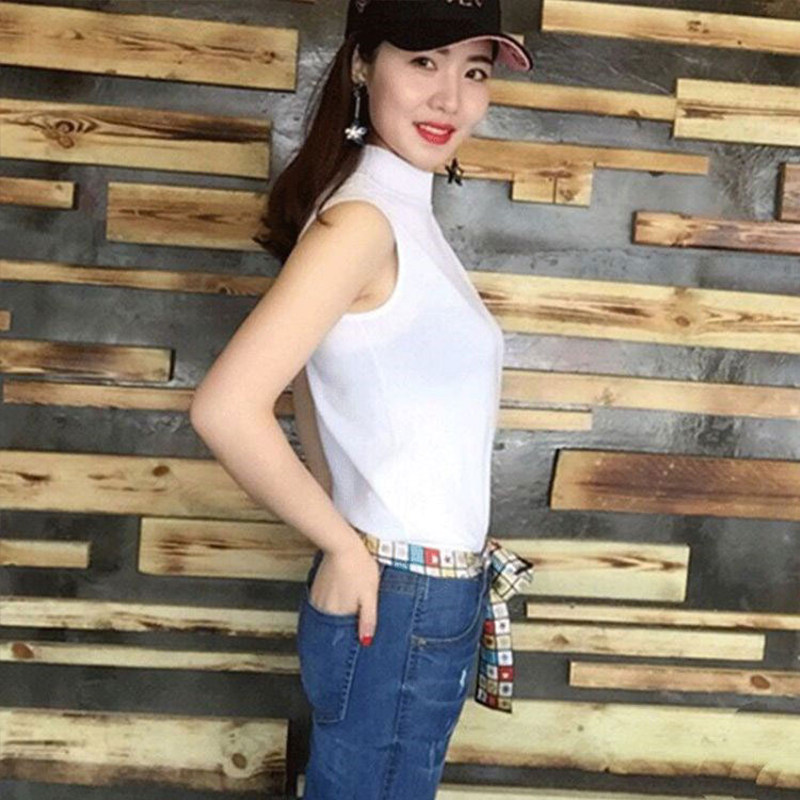 Áo thun nữ cổ trụ nửa cao không tay chất liệu lụa đá dệt kim mặc trong — Xanh bơ chi tiết 7