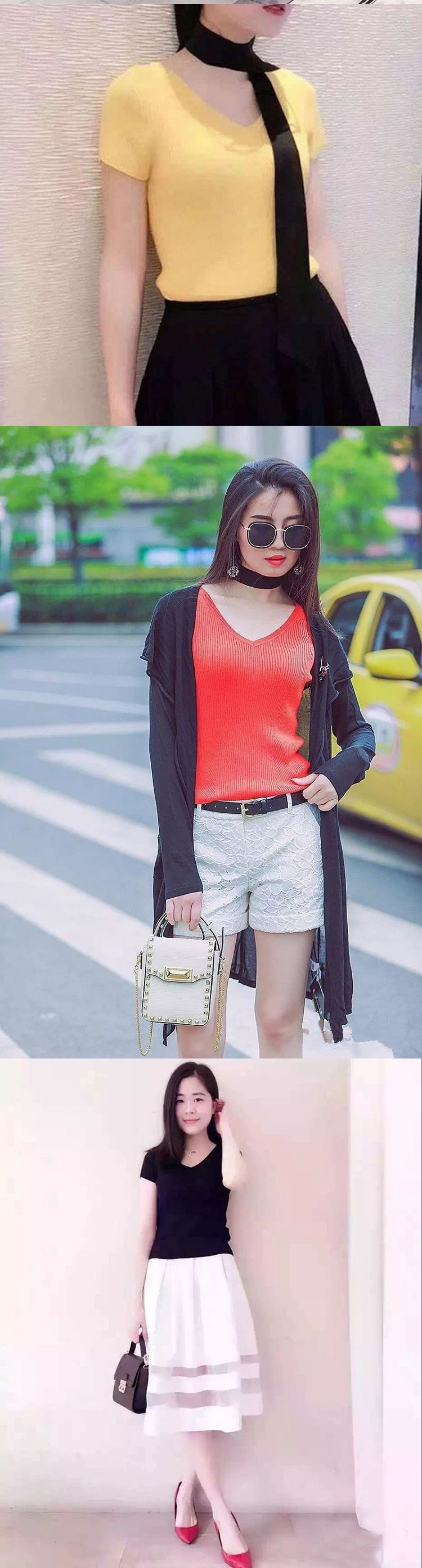 Áo thun nữ cổ chữ V tay ngắn dệt kim lụa mỏng ôm dáng — Màu đen chi tiết 4