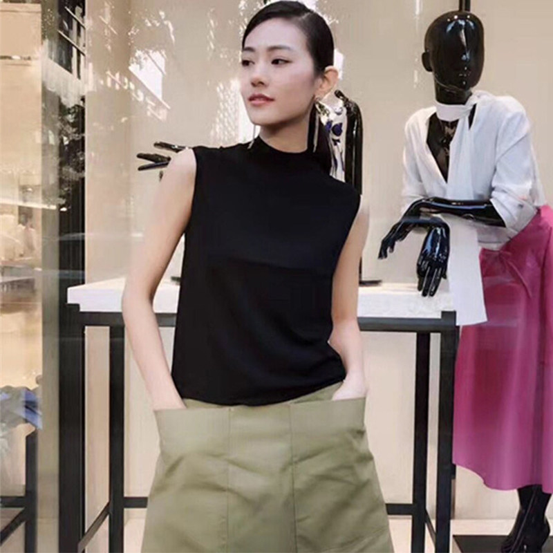 Áo thun nữ cổ trụ nửa cao không tay chất liệu lụa đá dệt kim mặc trong — Xanh bơ chi tiết 9