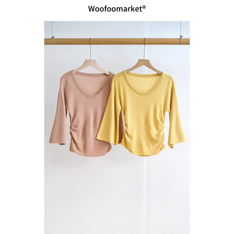 [Three-Quarter Sleeves] Wool-Blend Flared Waist-Cinching Elegant Knitted T-Shirt for Women, Summer Sstx201