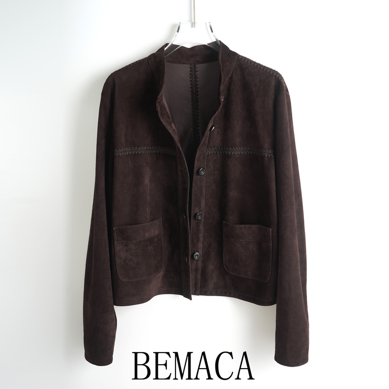 Bemaca Imported Suede Sheepskin Short Leather Jacket for Women with Crochet Embroidery Sheepskin Genuine Leather Jacket Top
