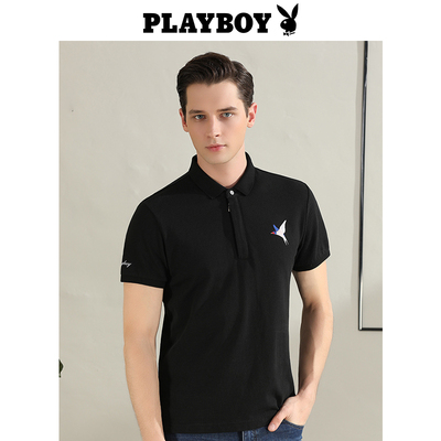Playboy ngắn tay áo polo thời trang màu đen ve áo thanh niên kinh doanh bình thường thêu T-Shirt cotton nam áo sơ mi Polo