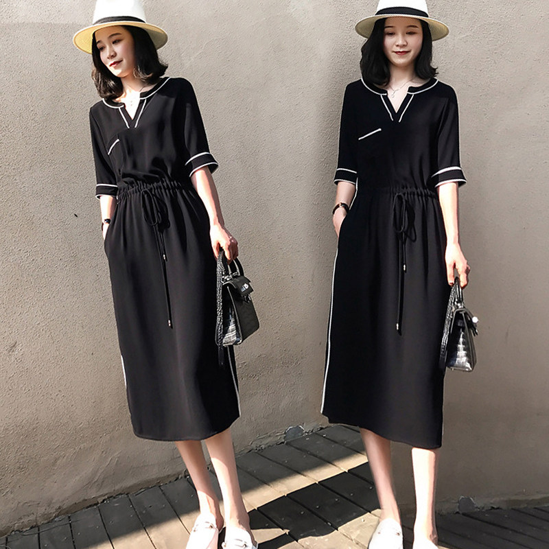 Large size dress for women fat mm200 catty summer new slimmer mid-length version of the foreign pie black snowspun dresses