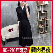 Large size womens temperament high waist thin long fat MM long sleeve black pleated suit dress women 200kg