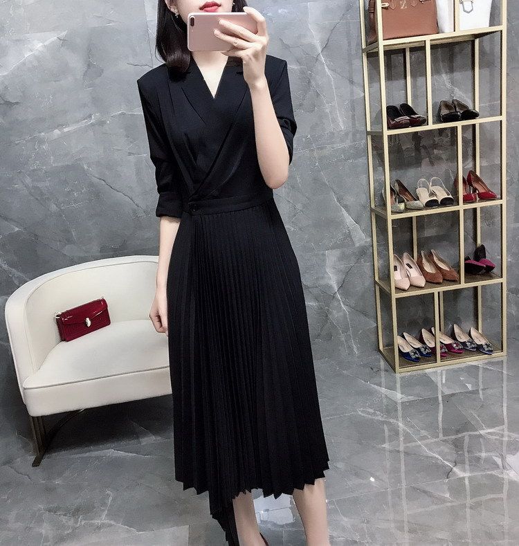 Plus Fattening Code Women Dress Temperament Woman Taste High Waist Display Slim Wrap Type Long Sleeves Black 100 Plex-style Suit Foreign Dress