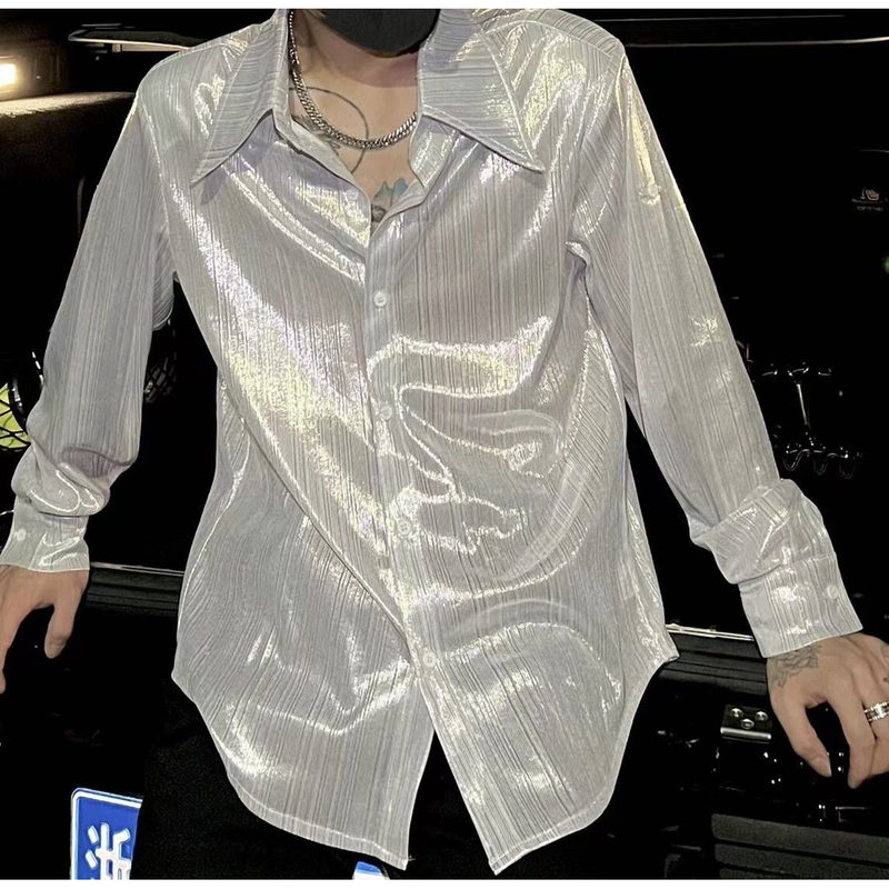 Spring and Summer Stylish Men's Shirts, Niche Solid Color Glossy High-End Liquid Glass Yarn Long-Sleeve Shirts, Casual Tops