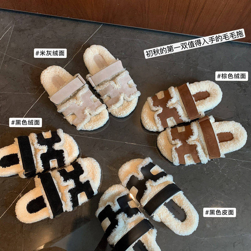 Deer and Girlfriend Fur Slippers for Women, Outdoor Wear, 2026 New Model, Genuine Leather, Thick Sole, Lamb Wool, H-Shaped Sandals