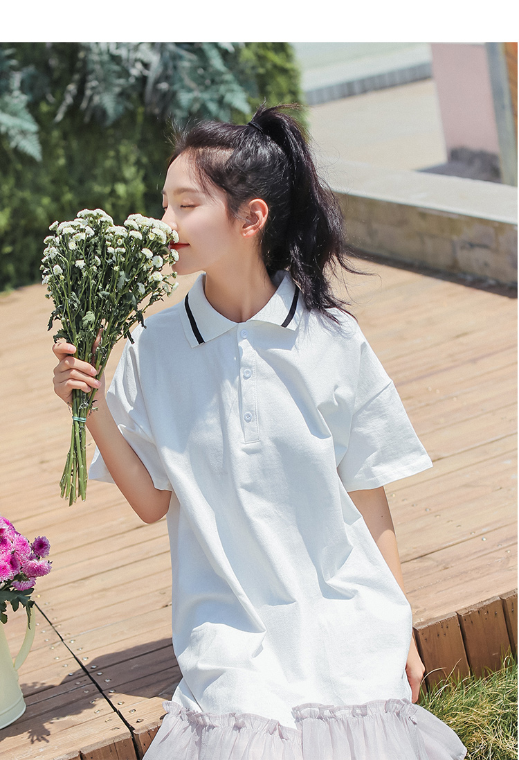 VK旗艦店 韓系時尚百搭網紗下擺拼接顯瘦長版短袖洋裝