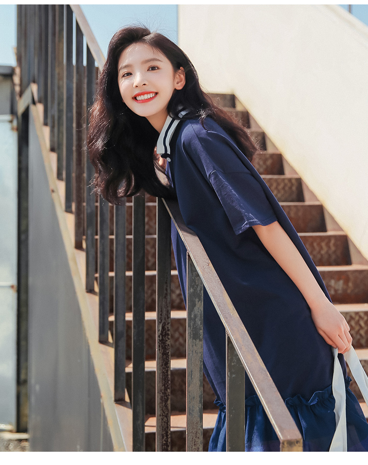 VK旗艦店 韓系時尚百搭網紗下擺拼接顯瘦長版短袖洋裝