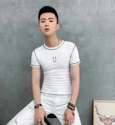 2024 Summer Thin T-shirt Fashionable Men's Round Neck Short-Sleeved T-Shirt Internet Celebrity Handsome Korean Version Super Slim Half-Sleeved T-Shirt