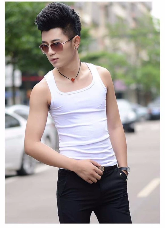 Áo thun cotton bó sát nam co giãn đáy áo vest nam mùa xuân và mùa hè cổ thấp thanh niên áo nỉ áo ấm nam mùa đông