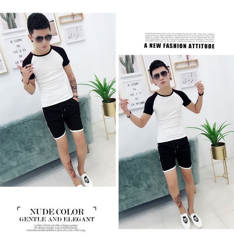 2018 mùa hè người đàn ông mới của mỏng thời trang quần short ngắn tay t-shirt hai mảnh Hàn Quốc thể thao giản dị phù hợp với thủy triều