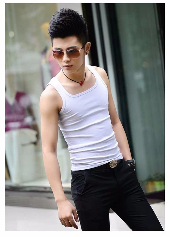 Áo thun cotton bó sát nam co giãn đáy áo vest nam mùa xuân và mùa hè cổ thấp thanh niên áo nỉ áo ấm nam mùa đông
