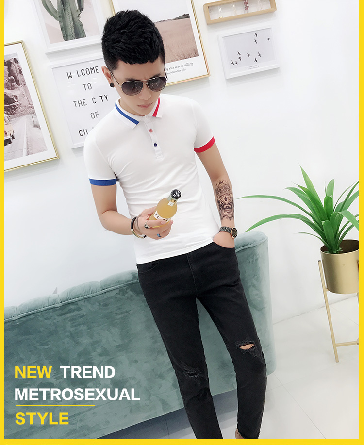 Áo thun nam tay ngắn mùa hè 2018 ve áo mới phiên bản Hàn Quốc tự phối màu xu hướng áo polo nam giản dị áo polo trắng