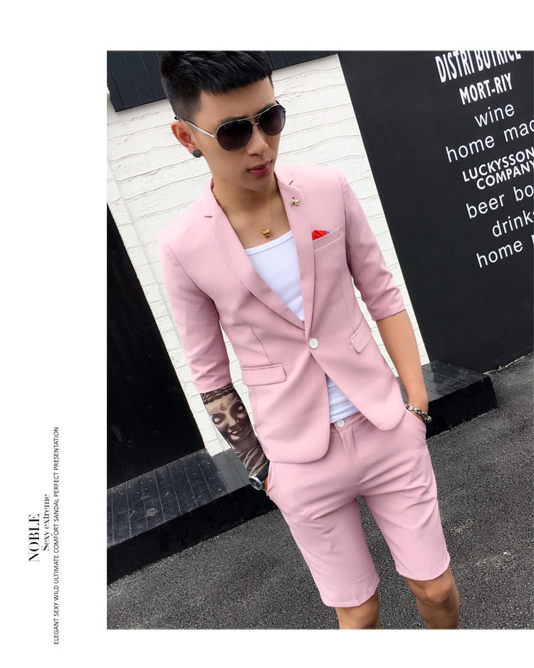 Mùa hè của Nam Giới Cắt Tay Áo Giản Dị Phù Hợp Với Nhỏ Hai mảnh England Slim Night Dòng Tóc Stylist Sleeve Suit Set