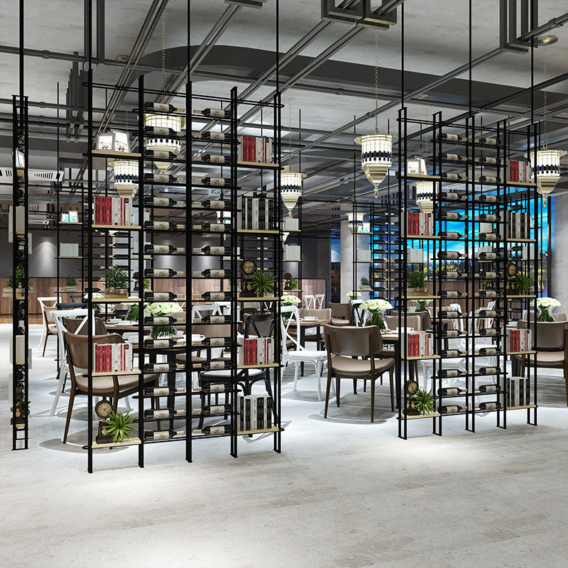 Iron screen frame landing red wine cabinet restaurantIndustrial wind minimal wine display frame cut bar seat