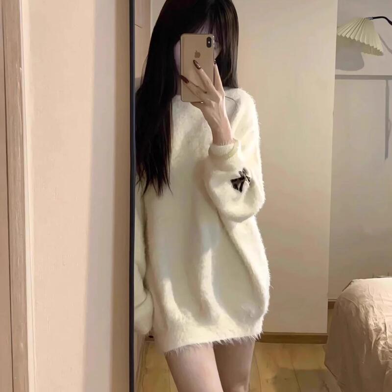 Autumn and Winter Loose Long-Sleeved Thickened Soft White Sweater for Women, Lazy Style Casual Round Neck Mohair Knit Top Autumn and Winter Loose Long-Sleeved Thickened Soft White Sweater for Women, Lazy Style Casual Round Neck Mohair Knit Top