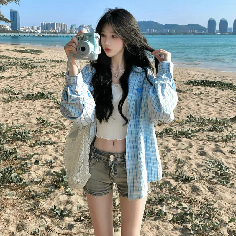 American Retro Blue Plaid Shirt Spring and Summer Shirt 2026 New Korean Style Sun Protection Casual Top Thin Jacket