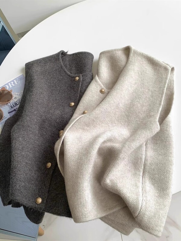 Gentle Style Single-Breasted Small Gold Button Versatile Knitted Vest for Women, Layering Inner Wear, Sleeveless Top for Women