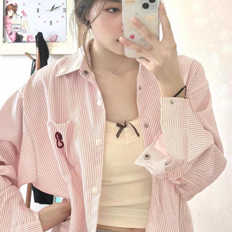 Designed Pink Striped Shirt for Women 20026 New Spring Style Loose Long-Sleeved Shirt Summer Jacket Top