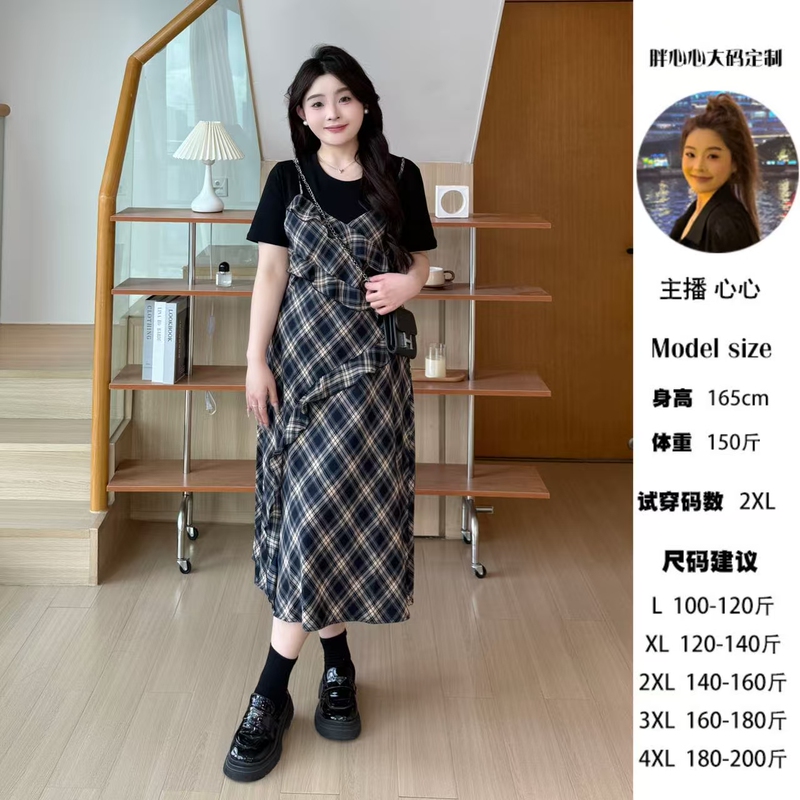 [Art Sister] Vintage Plaid Fake Two-Piece Patchwork Waist-Slimming Plus Size Dress
