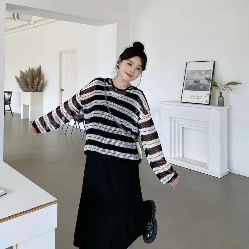 Xinxin [Lazy Stripes] Commuting Lazy Style Blouse + Versatile Tank Dress Plus Size Slimming Set