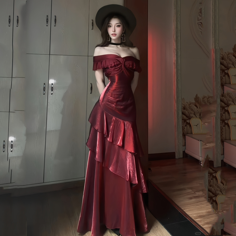 Retro Style One-Shoulder Burgundy Dress for Women, Summer Banquet Dress, A-Line Long Skirt, Waist-Cinching Ruffled Skirt