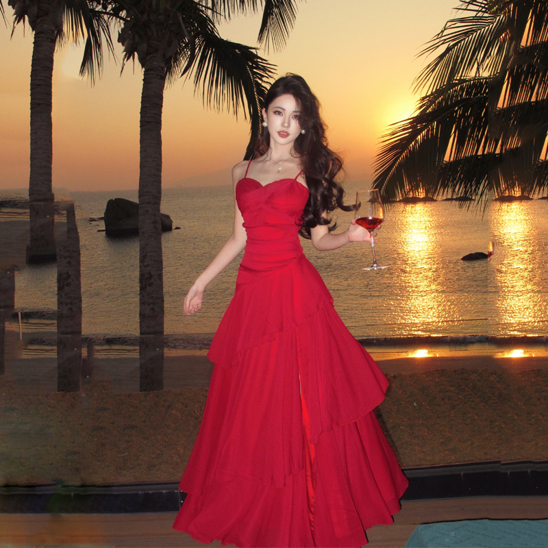 Beautiful Summer Mini Dress, Retro Red Vacation Style Spaghetti Strap Long Dress, Evening Dress, Waist-Cinching Ruffle Dress for Women
