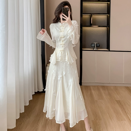 Летнее трехмерное ципао, комплект, юбка, изысканный стиль, китайский стиль, с вышивкой