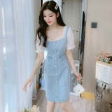 Летнее джинсовое платье, летняя одежда, приталенный корсет, французский стиль, изысканный стиль, коллекция 2022, подходит для подростков