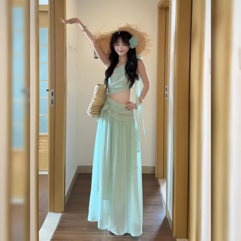 Mint Green Island Vacation Photo Shoot Stunning Beach Dress Women's Summer Waist-Revealing Tie-Up Long Dress Slimming and Elegant Mint Green Island Vacation Photo Shoot Stunning Beach Dress Women's Summer Waist-Revealing Tie-Up Long Dress Slimming and Elegant