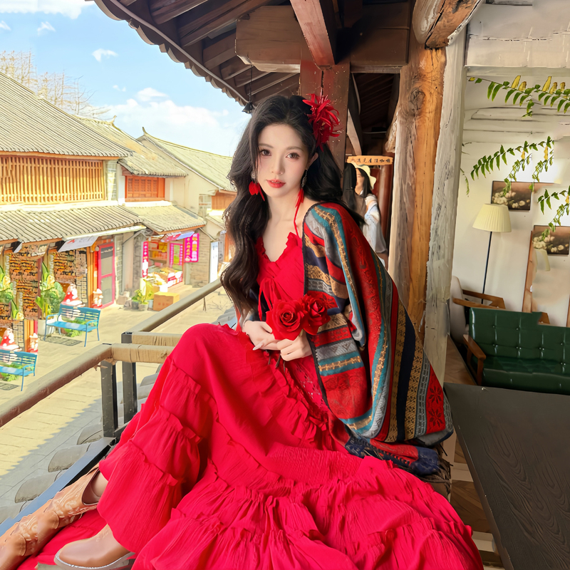 Bohemian Style Stunning Red Suspender Long Dress for Women, Summer Retro Ethnic Style Travel Photo Outfit Two-Piece Set