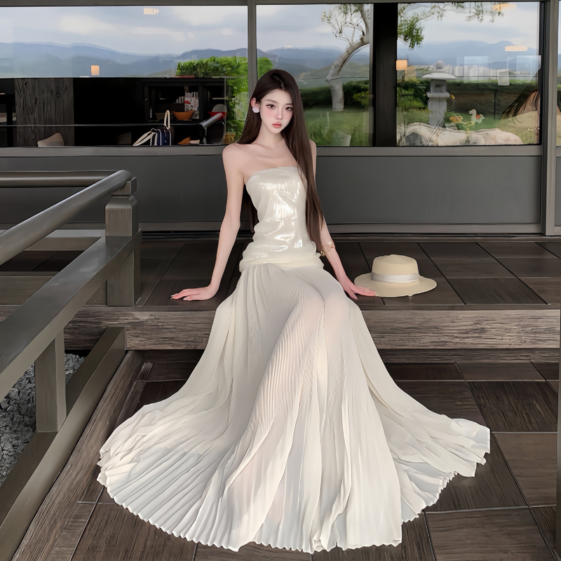 French-Style High-End Seaside Vacation Long Dress, Summer Elegant Socialite Floor-Length Dress, Strapless Sequin Patchwork Dress