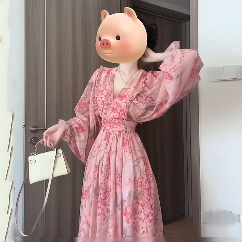 French Gentle Style Floral Long-Sleeved Dress for Women, Early Autumn New Style, High-End Waist Slimming Pink Long Skirt