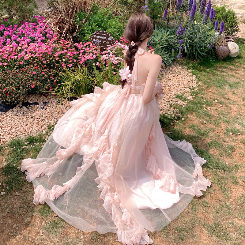 French-Style Gentle Vacation Vibe, Soft Pink Tulle Dress, Ethereal and Flowing Mesh Robe, Long Skirt