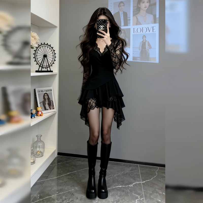 French Lace Deep V-Neck Black Dress for Women in Early Autum with Long Sleeves and Asymmetrical Hem, Sexy and Slimming, with a High-End Feel