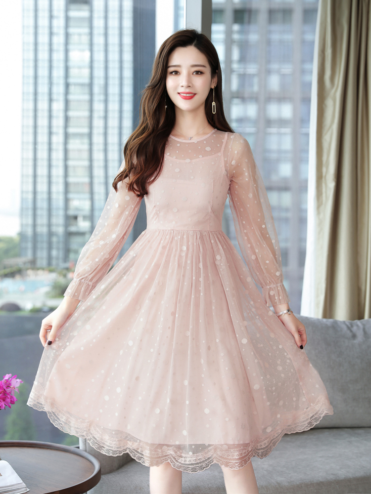 Mùa thu 2018 mới của phụ nữ Hàn Quốc khí chất Váy ngắn tay dài Váy ren nữ đầm nhún eo che bụng