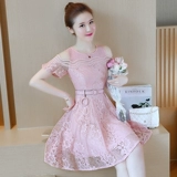 Летнее свежее кружевное платье, мини-юбка, приталенный корсет, юбка, сезон 2021, в корейском стиле, короткий рукав