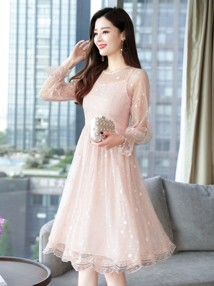 Mùa thu 2018 mới của phụ nữ Hàn Quốc khí chất Váy ngắn tay dài Váy ren nữ đầm nhún eo che bụng