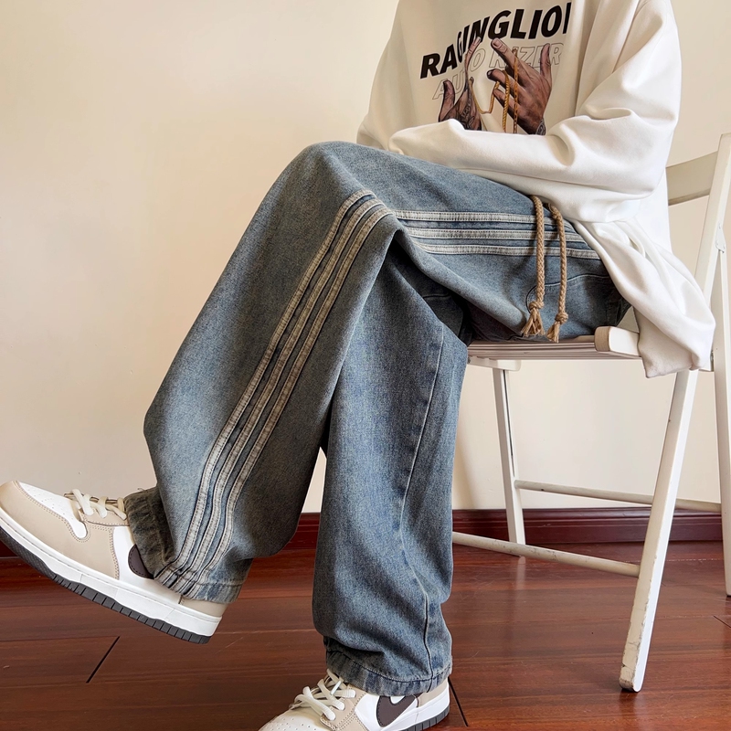 Kangshi Yishu American-Style Men's Jeans, Summer Style, High Street Fashion, Versatile, Loose Straight-Leg Pants with Side Stripes