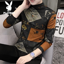 花花公子双面一体绒半高领t恤男士长袖潮韩版个性打底衫内搭秋冬