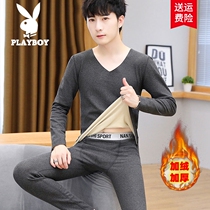 Playboy plus velvet thermal underwear men thick V-neck seamless self-heating autumn clothing trousers set teenagers