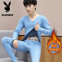 Playboy warm set male velvet unscented mens underwear student V collar thin double-sided velvet autumn trousers