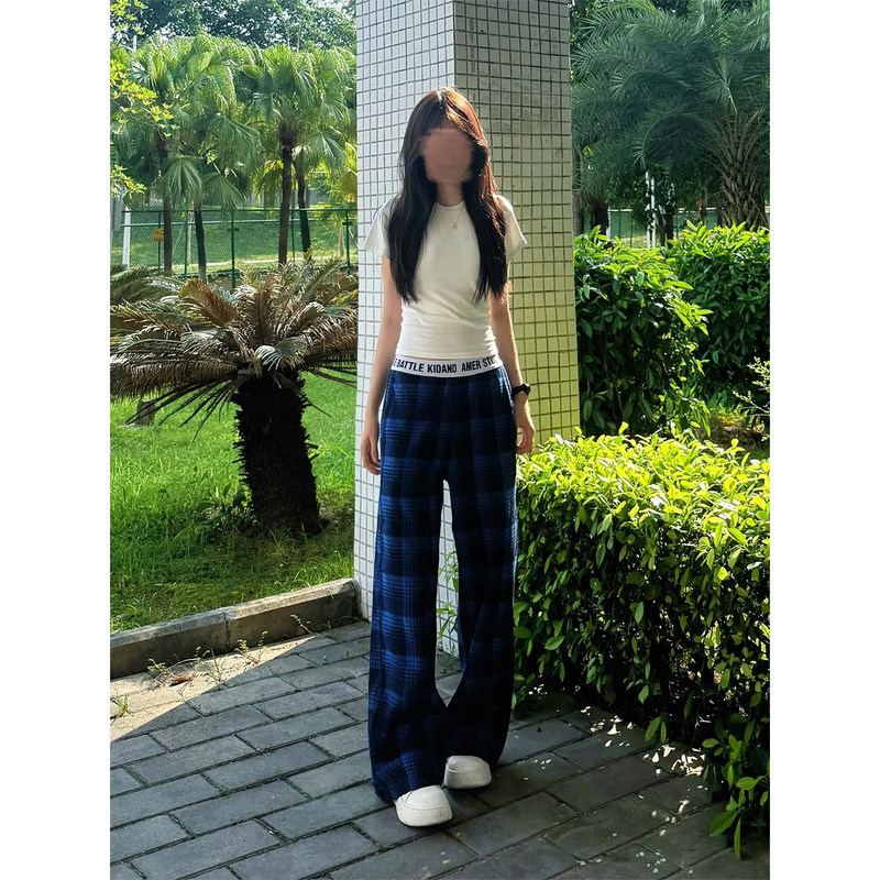 Vintage Blue Patchwork Plaid Pants for Men and Women, Summer American Retro Lazy Wide-Leg Pants, Casual Sports Pants