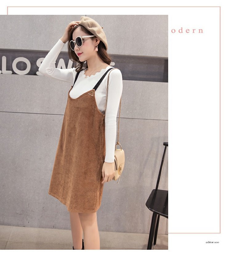 Corduroy dây đeo váy mùa thu và mùa đông phụ nữ dày v cổ màu rắn sling casual loose váy mỏng Một từ váy mùa xuân váy xòe