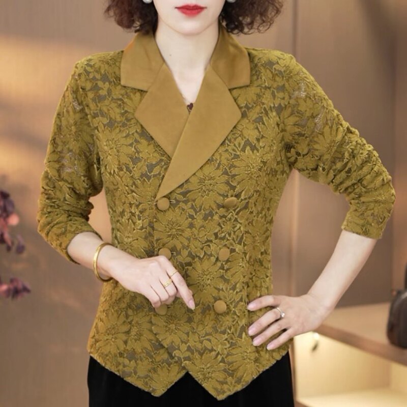Spring New Style Mother's Lace Suit Collar Top J Fashionable and Elegant Slimming Cardigan Middle-Aged Women's Waist-Cinching Jacket Trendy