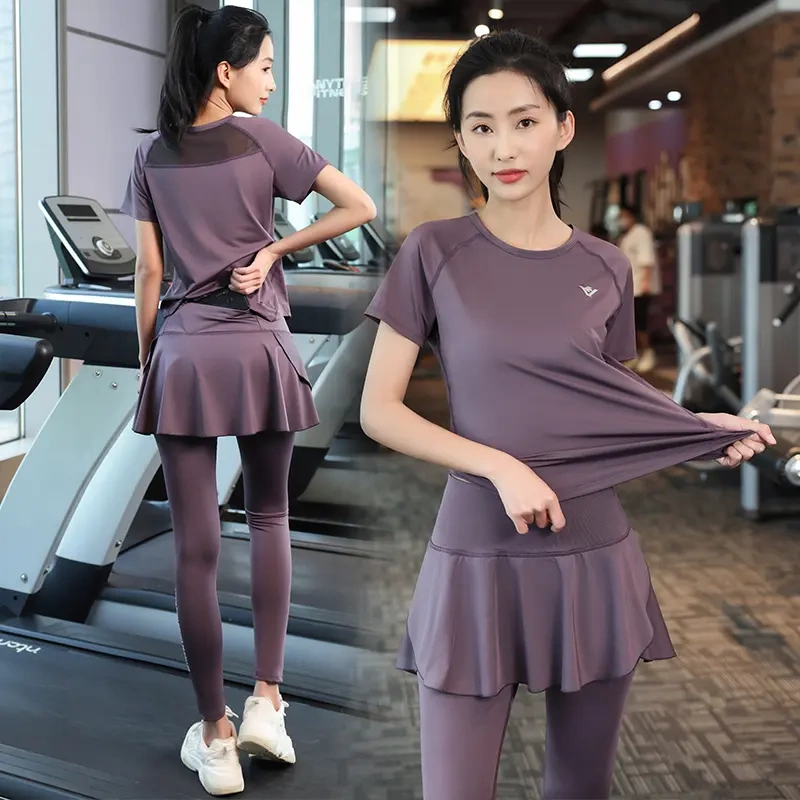 Summer Thin Yoga Clothes, Flesh-Covering, Quick-Drying Set, Mesh Fake Two-Piece Outdoor Fitness Running Clothes, Morning Run for Women 1210