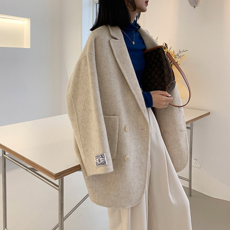 High-end soft waxy rabbit hair mulberry silk double-sided cashmere coat women's short small suit loose woolen coat